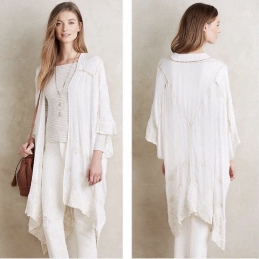 Anthropologie Elevenses Embroidered Vivonne Kimono Cover Up Robe Ivory Boho